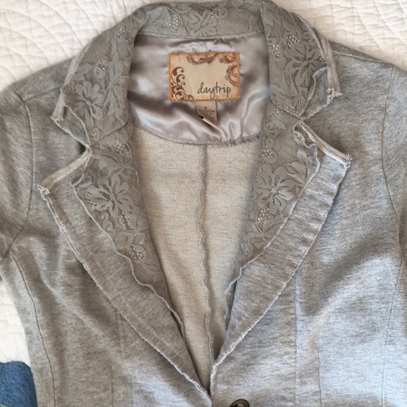 Heather gray soft blazer with lace trim - Picture 3 of 4